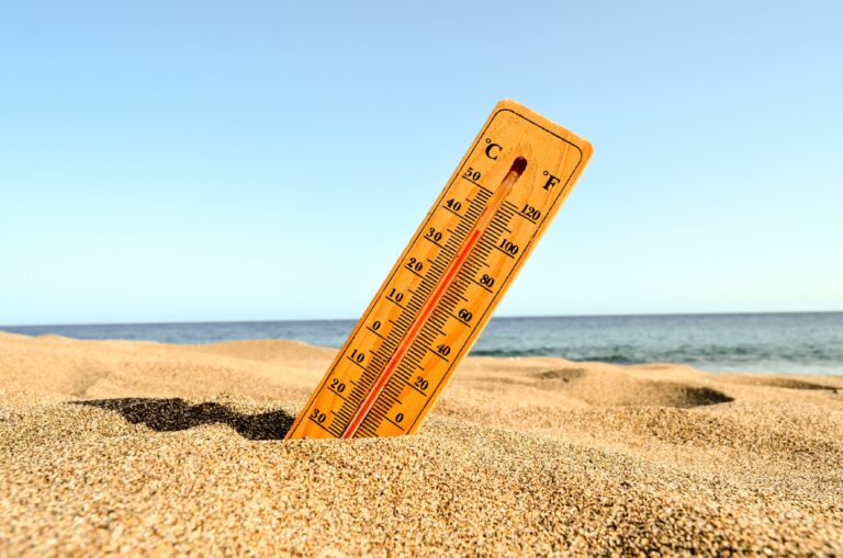 Selective focus shot of a thermometer in the beach sand with a blurred background